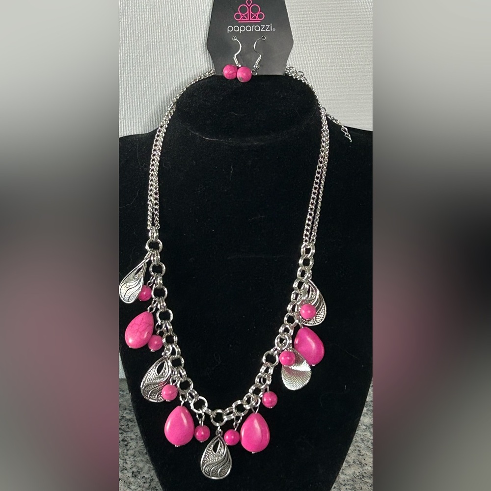 Paparazzi Silver Necklace with Vibrant Pink Beads